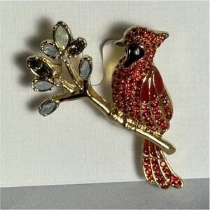 Talbots Cardinal Bird Brooch Red Rhinestone Enamel Gold Tone Pin NWT and Box